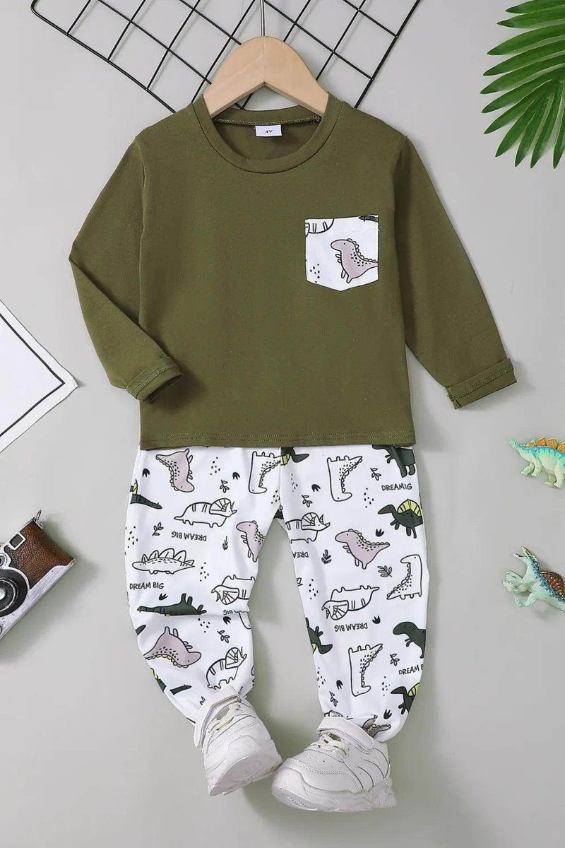 Round Neck Long Sleeve Top and Printed Pants Set. - Snugbaby